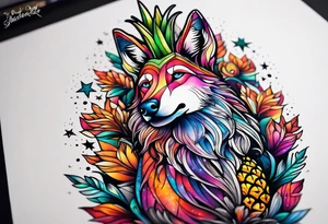 Stag and wolf in Amsterdam featuring colours of the universe and galaxies and amsterdam in the shape of a pineapple tattoo idea
