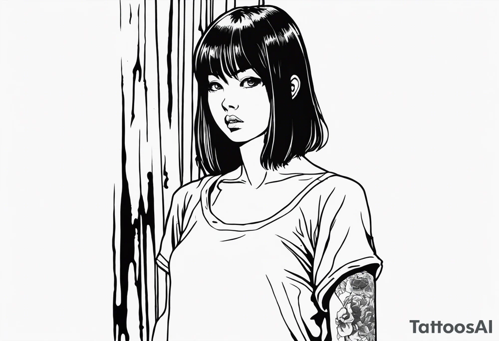 portrait of tomie standing up a character by the horror manga author junji ito full body standing murderously. add more horror and gore elements tattoo idea