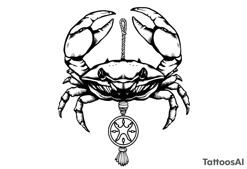 An angry crab with its claws raised with a zodiac symbol hanging on a rope attached to its claw tattoo idea