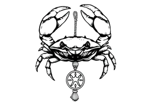 An angry crab with its claws raised with a zodiac symbol hanging on a rope attached to its claw tattoo idea