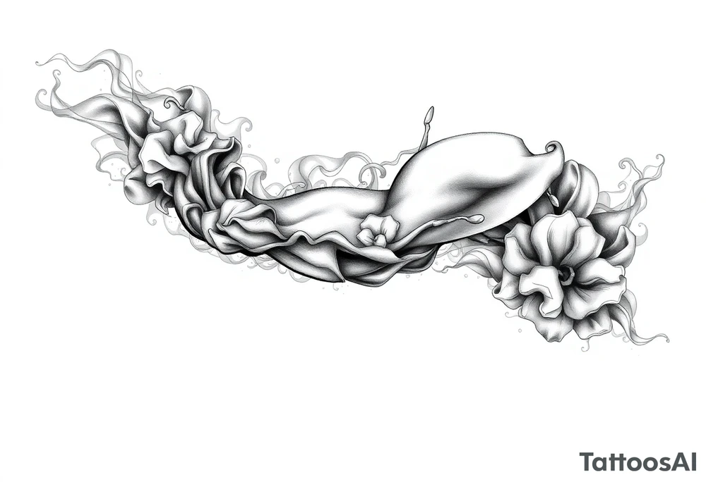 Tattoo sleeve filler using smoke, ash, and fragmented memory effects, organic flow wrapping around arm muscles, soft gradients, negative space, black and grey realism, seamless transitions between main tattoo elements. tattoo idea