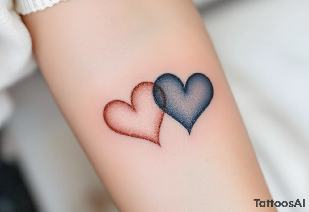 A matching tattoo of two intertwined hearts—one in soft rose gold and the other in deep navy blue—symbolizing harmony in contrast. tattoo idea