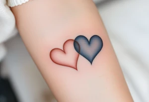 A matching tattoo of two intertwined hearts—one in soft rose gold and the other in deep navy blue—symbolizing harmony in contrast. tattoo idea