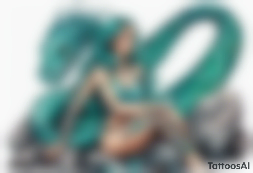 A sea serpent woman hybrid covered in turquois scales sitting on rocks by the ocean tattoo idea