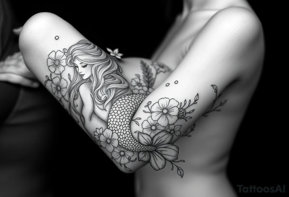 ethereal mermaid with flowing hair among coral and sea flowers tattoo idea