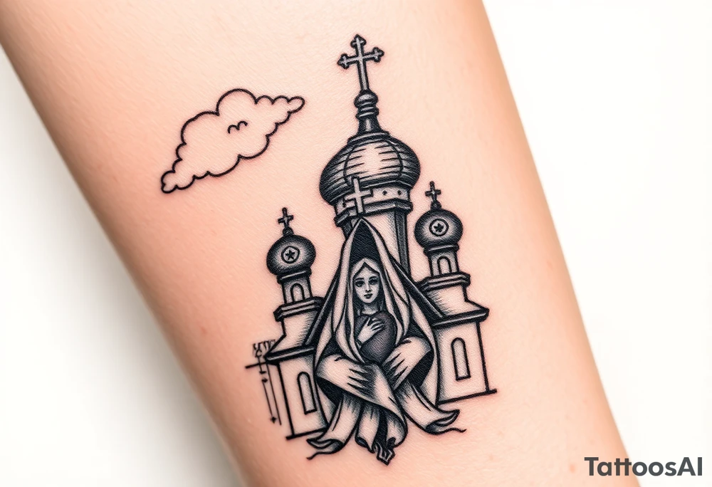 Russian Orthodox church with orthodox spire crosses, with clouds above it and a virgin mary seperately looking over hands on heart sat above tattoo idea