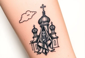 Russian Orthodox church with orthodox spire crosses, with clouds above it and a virgin mary seperately looking over hands on heart sat above tattoo idea