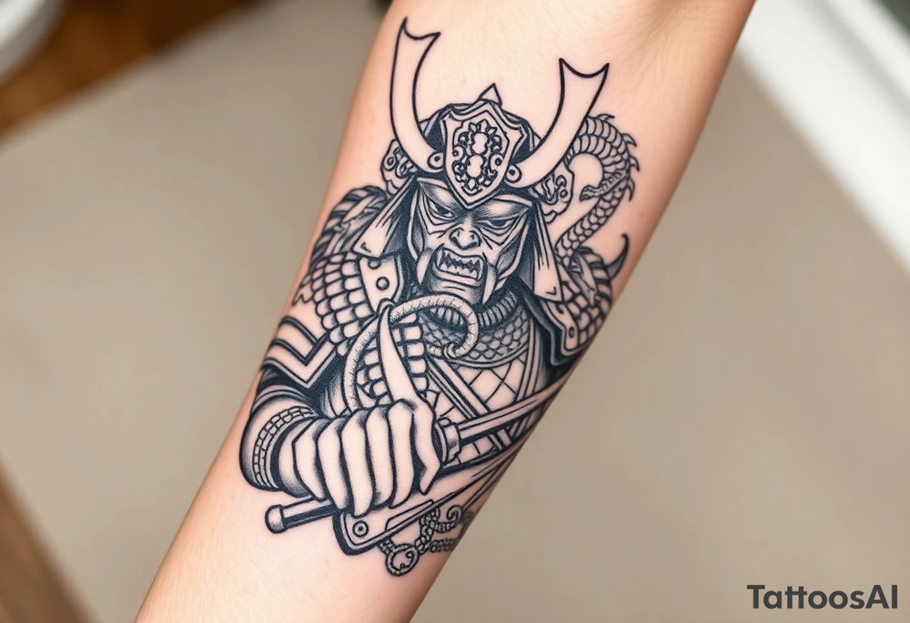 Japanese samurai warrior with armor and katana sword, fierce expression, traditional helmet, Japanese dragon wrapped around, black and grey ink tattoo style, ornamental linework, sketch-style shading, designed for forearm tattoo with full sleeve expansion tattoo idea