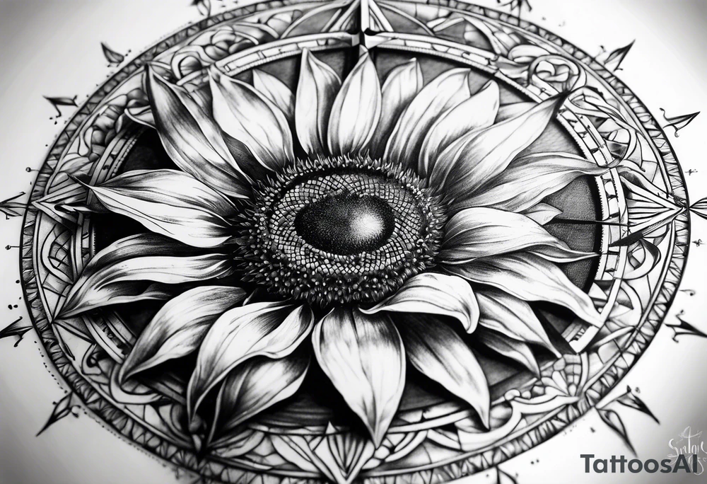 Sunflower next to a compass tattoo idea