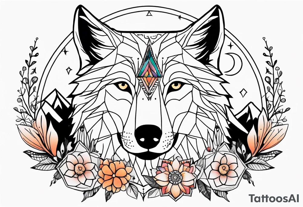A whimsical wolf tattoo featuring mandala or dream catcher elements, with the wolf as the central focus, surrounded by mountains in the background. Include flowers and nature elements to fill the space around the wolf. Some color but not completely solid bold color tattoo idea