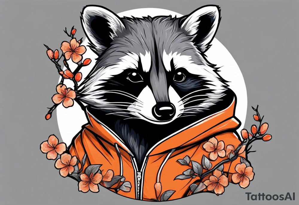 raccoon wearing a Superman hoodie with orange Japanese cherry blossoms tattoo idea