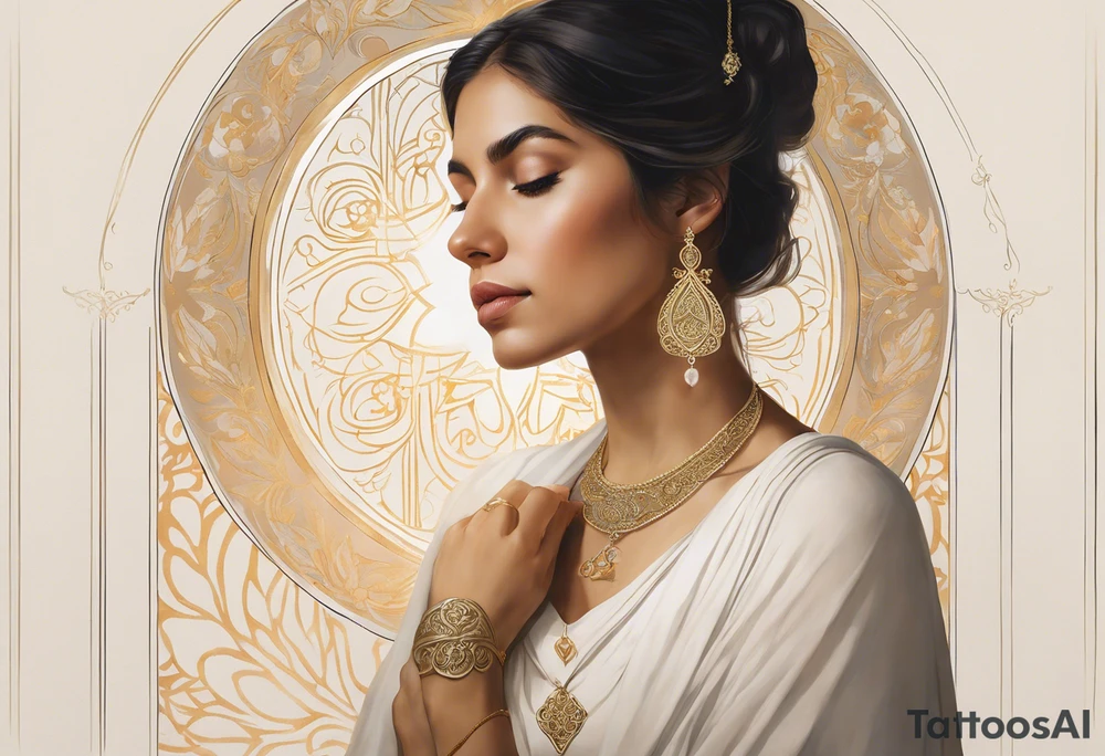 A serene and elegant portrait of a woman with a calm and angelic expression, wearing a delicate white veil, gold jewelry with intricate designs, and a pendant with a religious icon. The lighting is soft and warm, creating a painterly and ethereal effect, reminiscent of classical art holding a lamp in her hand tattoo idea