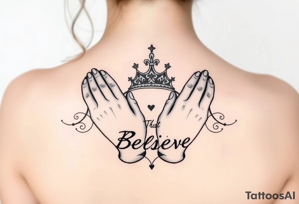 Prayer hands, trust, believe, crown tattoo idea
