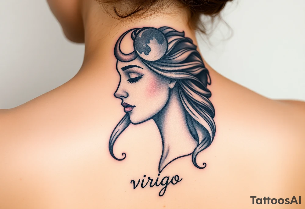 A detailed profile of a serene goddess with a crescent moon on her forehead, with silver and deep navy shading and the word virgo tattoo idea