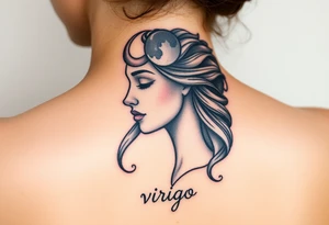A detailed profile of a serene goddess with a crescent moon on her forehead, with silver and deep navy shading and the word virgo tattoo idea