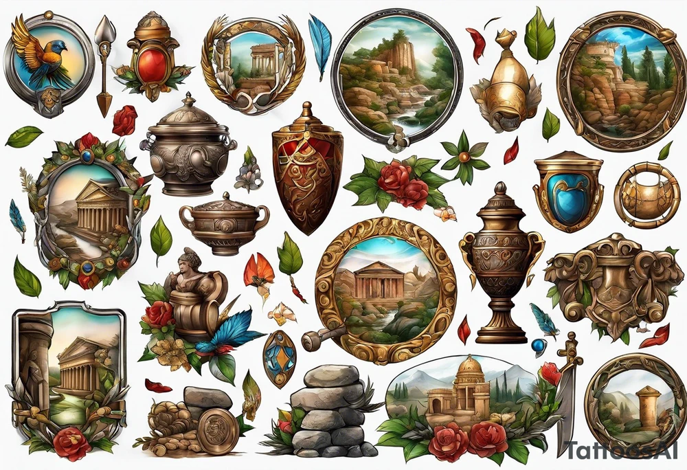 A sleeve of Roman objects, nature, and warriors tattoo idea