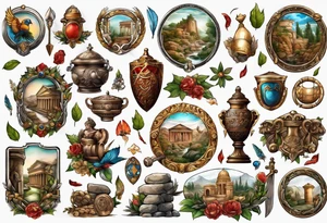 A sleeve of Roman objects, nature, and warriors tattoo idea
