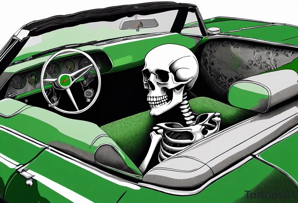 Skeleton smoking a cigarette driving a green 1976 convertible Corvette tattoo idea