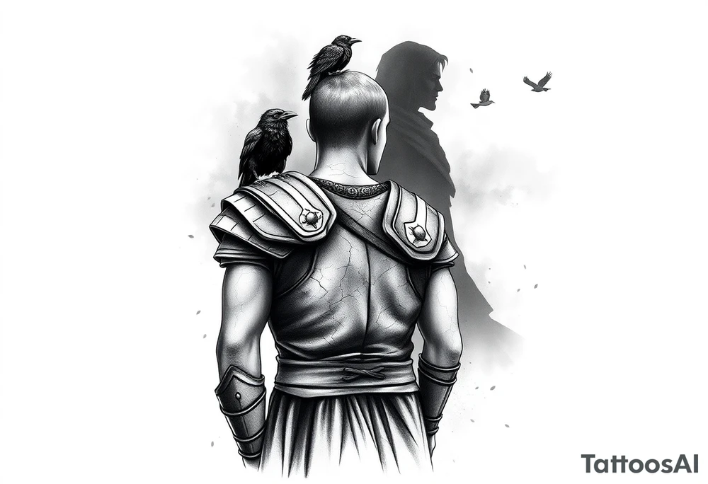 A black and grey tattoo sleeve design symbolizing silent battles and resilience. A worn gladiator with cracks in his armor stands tall, battle-weary but unbroken. Behind him, a shadowy figure represents the unseen struggles, partially obscured in mist. A single raven sits on his shoulder, symbolizing past darkness, while a faint dove soars above, representing faith and favor. Subtle tally marks blend into the background, representing victories no one sees. The design flows naturally with a balance of dark and light elements, blending realism with a slightly surreal feel. tattoo idea