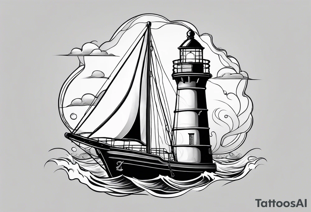 ghost marine lighthouse behind the bow of a sailboat. tattoo idea