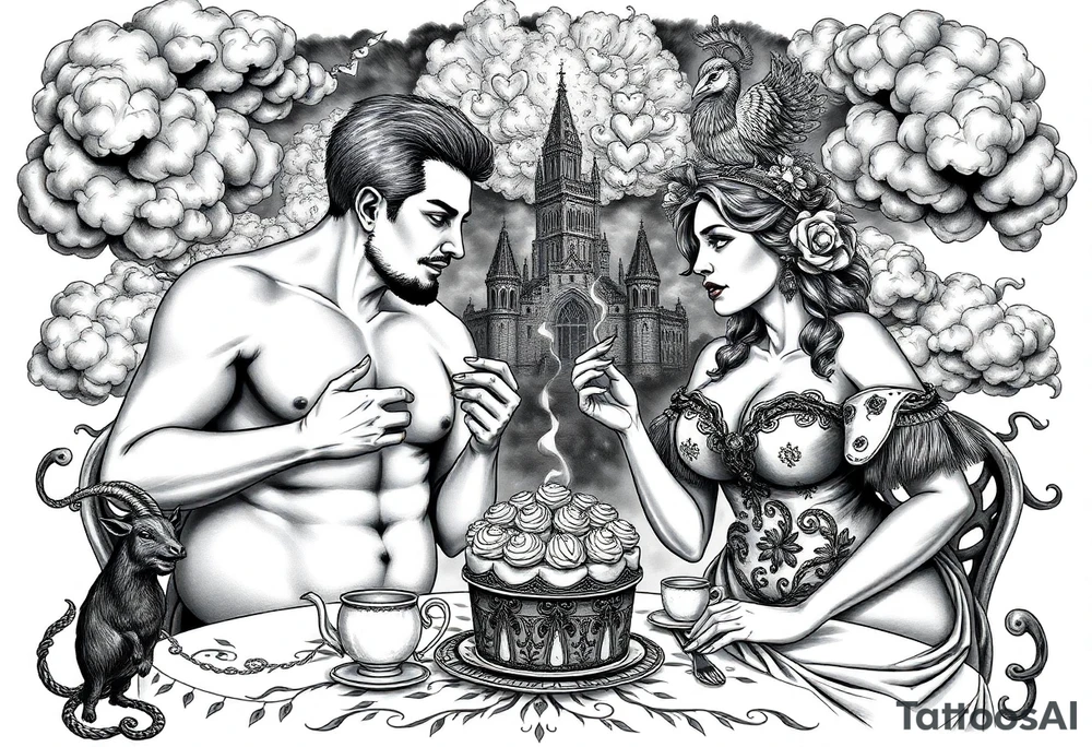 Mystical Naked Man and woman eating cake  having sex clouds gothic sexy naked fat lady having a tea party with tea pot and Victorian castle explosions
with a piggy, peacock, noose, lion, goat, smoking cigerettes looking in the mirror thru storm clouds with razor blades and broken hearts and darkness and wrath, envy , gluttony, greed, sloth, pride kill tattoo idea
