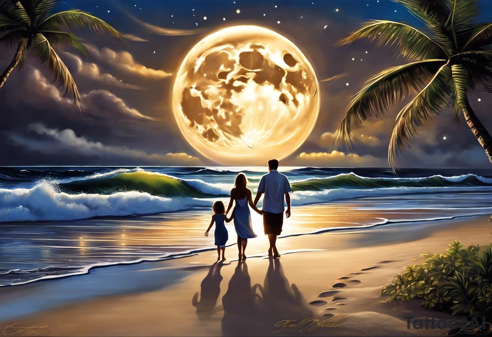 Create a stunning image of a realistic tattoo design that features a husband and wife holding hands, accompanied by their two children, walking along a beautiful beach. The moon shines radiantly in the night sky, illuminating the serene scene. Let your creativity flourish as you envision the intricate details that bring this tattoo to life, encapsulating the essence of love, family, and the awe-inspiring beauty of nature. tattoo idea