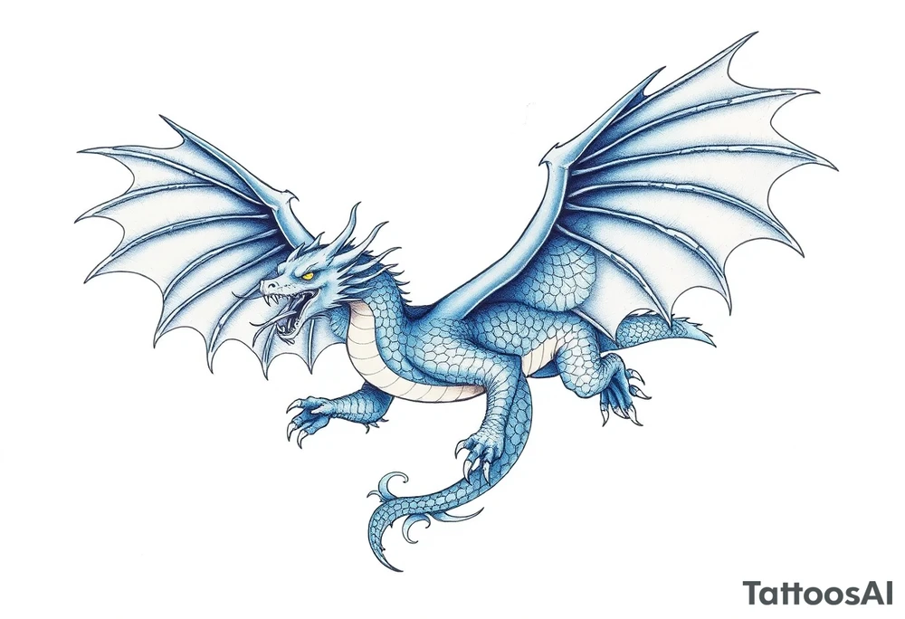 Blue fire breathing dragon with wings spread tattoo idea