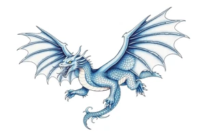 Blue fire breathing dragon with wings spread tattoo idea