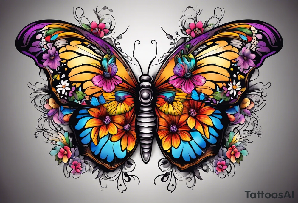 butterfly with half the wings covered in colorful bright flowers, the other half normal butterfly design but looks like a skull in the wing design tattoo idea