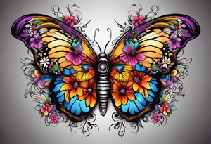 butterfly with half the wings covered in colorful bright flowers, the other half normal butterfly design but looks like a skull in the wing design tattoo idea