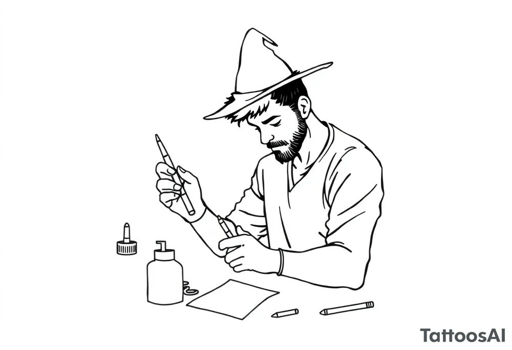 Young guy is exploring witch supplies, tools, equipment tattoo idea