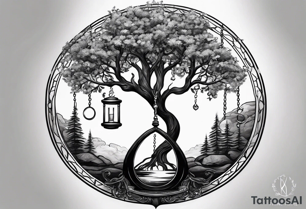 circle of life tree coming out of an hourglass tattoo idea