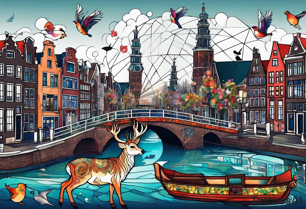 Stag deer with white tiger and birds with pineapples featuring Amsterdam buildings and canal in galaxy colours and Amsterdam buildings and canal in space featuring animals made of glass tattoo idea