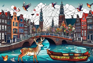 Stag deer with white tiger and birds with pineapples featuring Amsterdam buildings and canal in galaxy colours and Amsterdam buildings and canal in space featuring animals made of glass tattoo idea