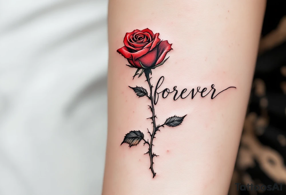 The word "forever" written in flowing black script, wrapped in a red rose stem with soft thorns. tattoo idea