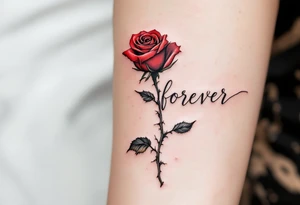 The word "forever" written in flowing black script, wrapped in a red rose stem with soft thorns. tattoo idea