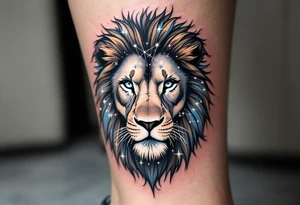 A blue-eyed lion in grayscale has the vivid Leo star constellation etched into its mane using white ink. tattoo idea