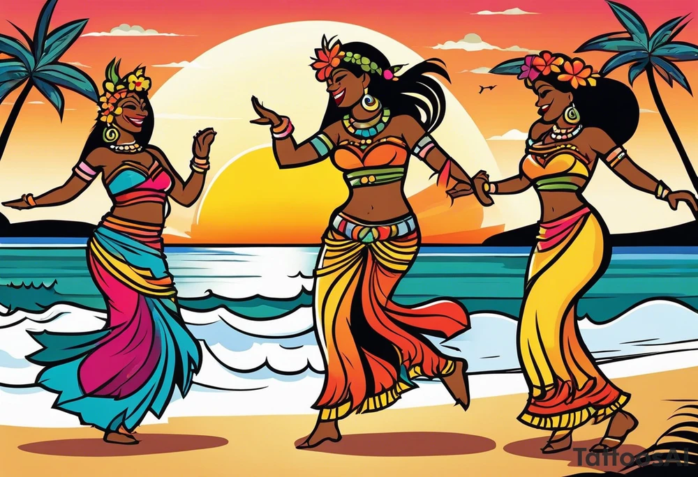 dancing tiki gods with sexy hula women having a dance part on the beach with a sunset in the center of the image tattoo idea