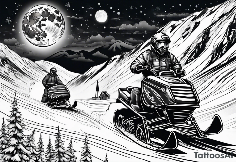 Snowmachine and snowshoes and a moon above tattoo idea