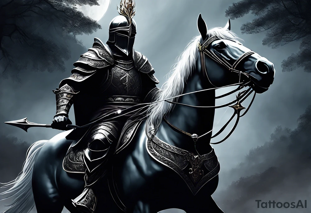 Dark art of the first horseman of the apocalypse. Wearing iron armor with a crown-shaped helmet, carrying a bow and arrows in one hand, he rides a white horse that is strong and slender, wearing shiny ornaments on his face. The horseman's face cannot be seen, as it is obscured by the darkness and fog in the image. tattoo idea
