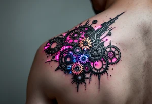 A biomechanical arm tattoo where gears spin under translucent synthetic skin lit with neon pink and cobalt blue veins. tattoo idea