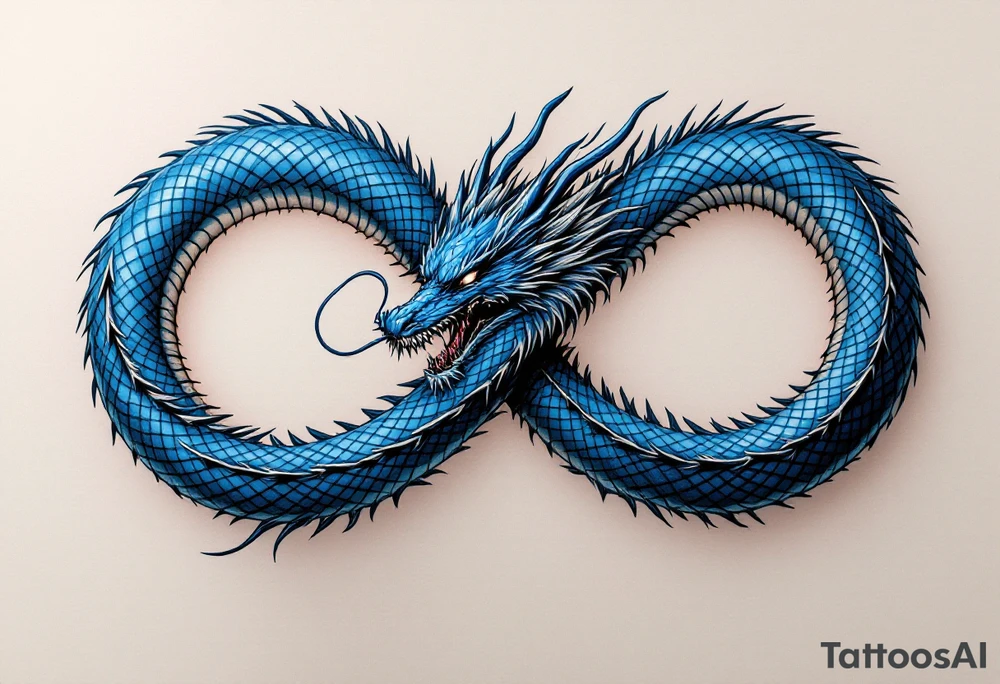 The design features a dragon, coiled in the shape of the infinity symbol (sideways number "8"). The dragon is depicted eating its own tail, symbolizing eternity and continuity, inspired by the Ouroboros.

Details:

The dragon's body has vibrant, glossy blue scales, with a smooth and polished texture.
It maintains a clean, balanced shape in the infinity figure, with sharp details and elegant flow.
Style:

The focus remains on the dragon's form, with no additional background elements to keep the design minimal and modern. tattoo idea