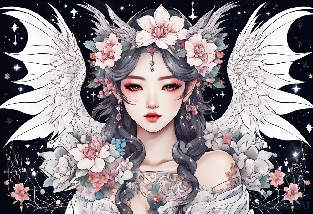 Constellation, wing , snow , cross , dragon female japan kawaii , flower tattoo idea