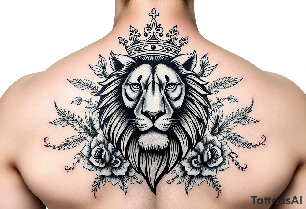 powerful majestic lion with a crown, surrounded by floral ornaments and birds tattoo idea