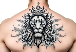 powerful majestic lion with a crown, surrounded by floral ornaments and birds tattoo idea