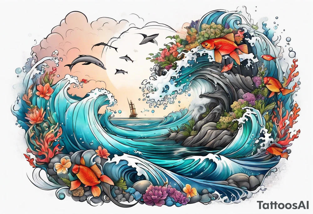 An ocean themed half sleeve with NO FISH tattoo idea