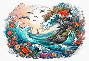 An ocean themed half sleeve with NO FISH tattoo idea