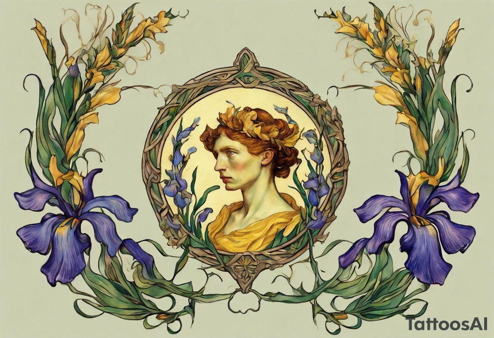 Create a colorful Vincent van Gogh Irises tattoo with Athena's shield and spear. The tattoo should take the form of a crescent, with vines gracefully intertwining at a central point in the middle of the wreath.  The intended placement is on the upper chest. The overall design should be small in size while maintaining a delicate and artistic aesthetic. Pay attention to the graceful flow of the vines and the placement of the irises to achieve a refined and elegant look. tattoo idea
