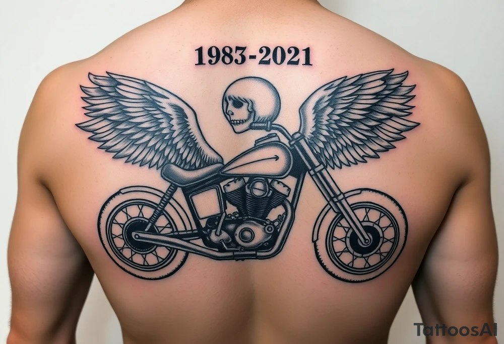 the year 1958 - 2021 with a motorcycle on it with guardian angel wolves tattoo idea