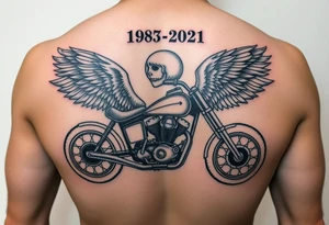 the year 1958 - 2021 with a motorcycle on it with guardian angel wolves tattoo idea